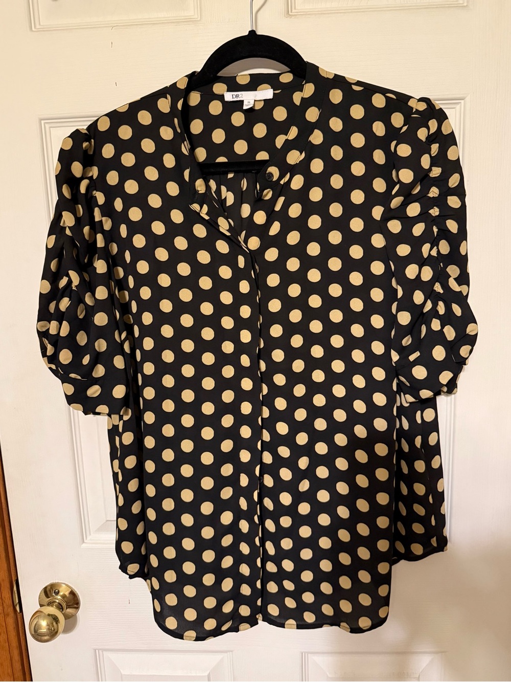 DR2 Black & Beige Polka Dot Puff-Sleeve Blouse - Button Front